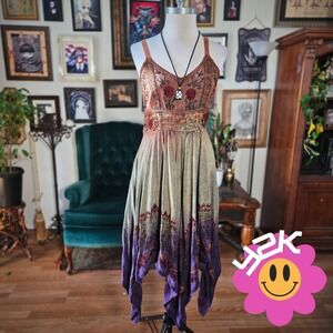 Embroidered Handkerchief Hem Dress Vintage Y2K Earth Tone Floral M Fairycore